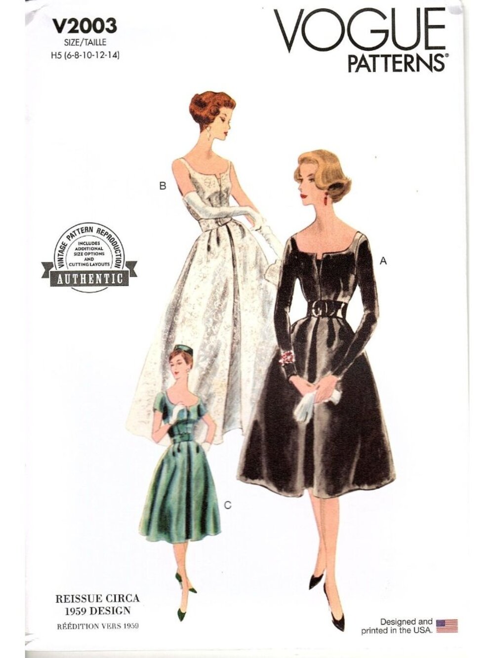 Vogue V2003 Misses 6 to 14 Reissued Circa 1959 Dress Uncut Sewing Pattern